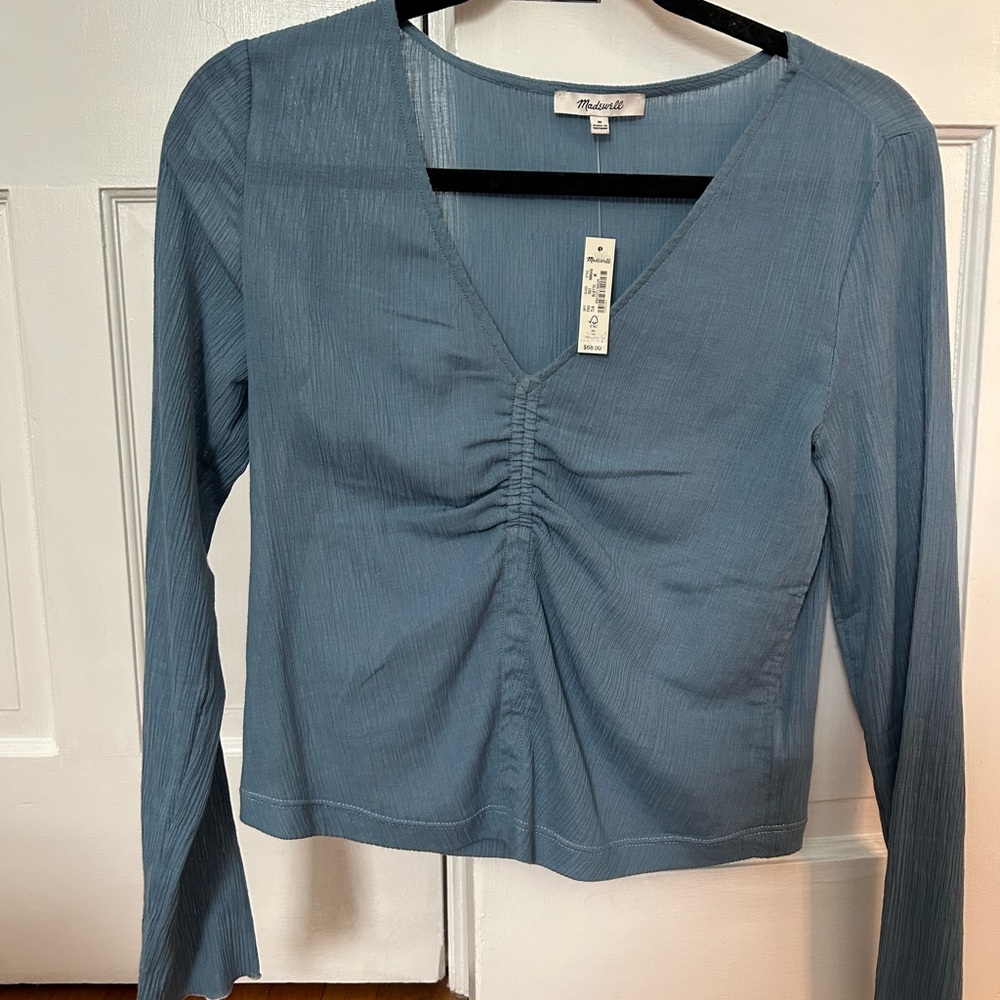 Madewell Blue Ruched V-Neck Long Sleeve Top